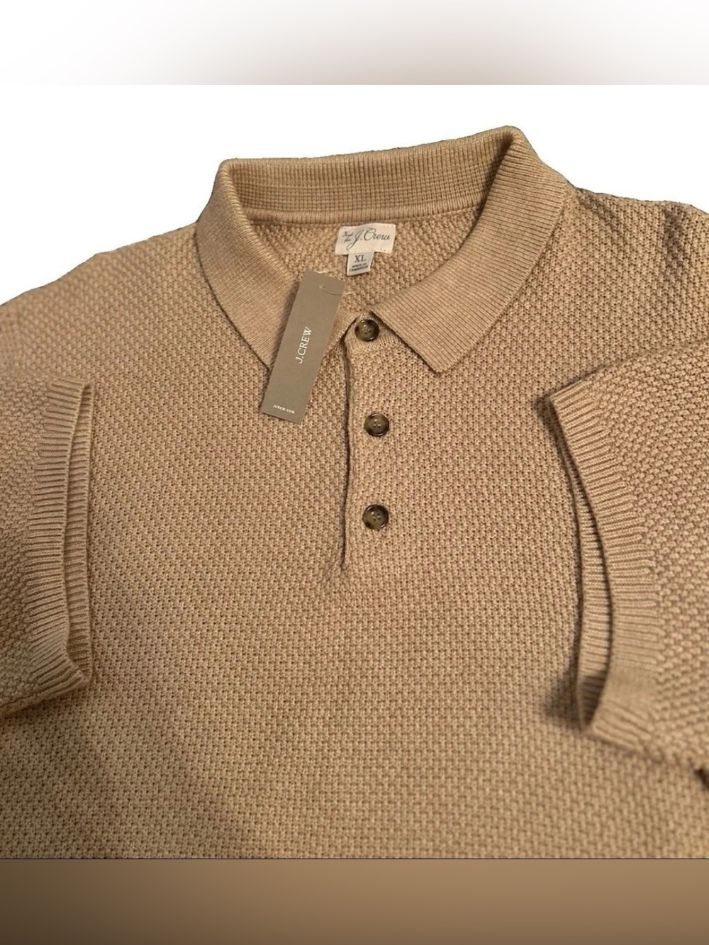 J.CREW Knit Sweater Polo Men’s XL 100% Cotton Tan Seed-Stitch Texture NEW CG329